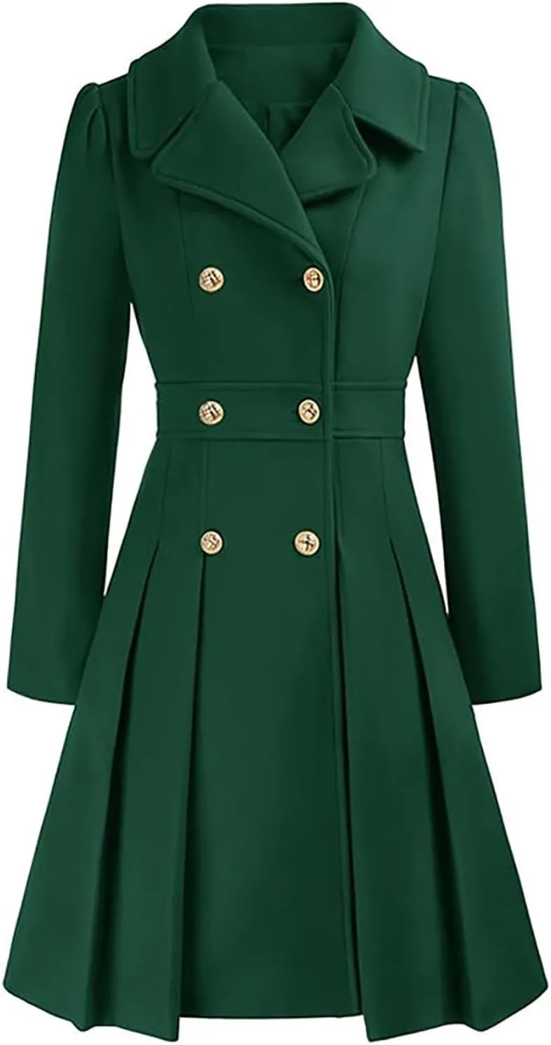 Women's Double Breasted Trench Coat Wool Blend Notch Lapel Pea Coat Elegant Long Jacket Overcoat