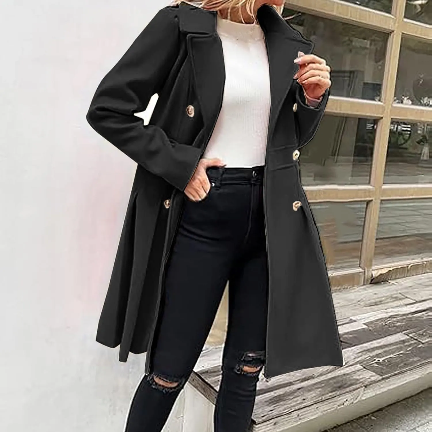 Women's Double Breasted Trench Coat Wool Blend Notch Lapel Pea Coat Elegant Long Jacket Overcoat