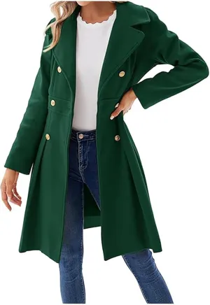 Women's Double Breasted Trench Coat Wool Blend Notch Lapel Pea Coat Elegant Long Jacket Overcoat