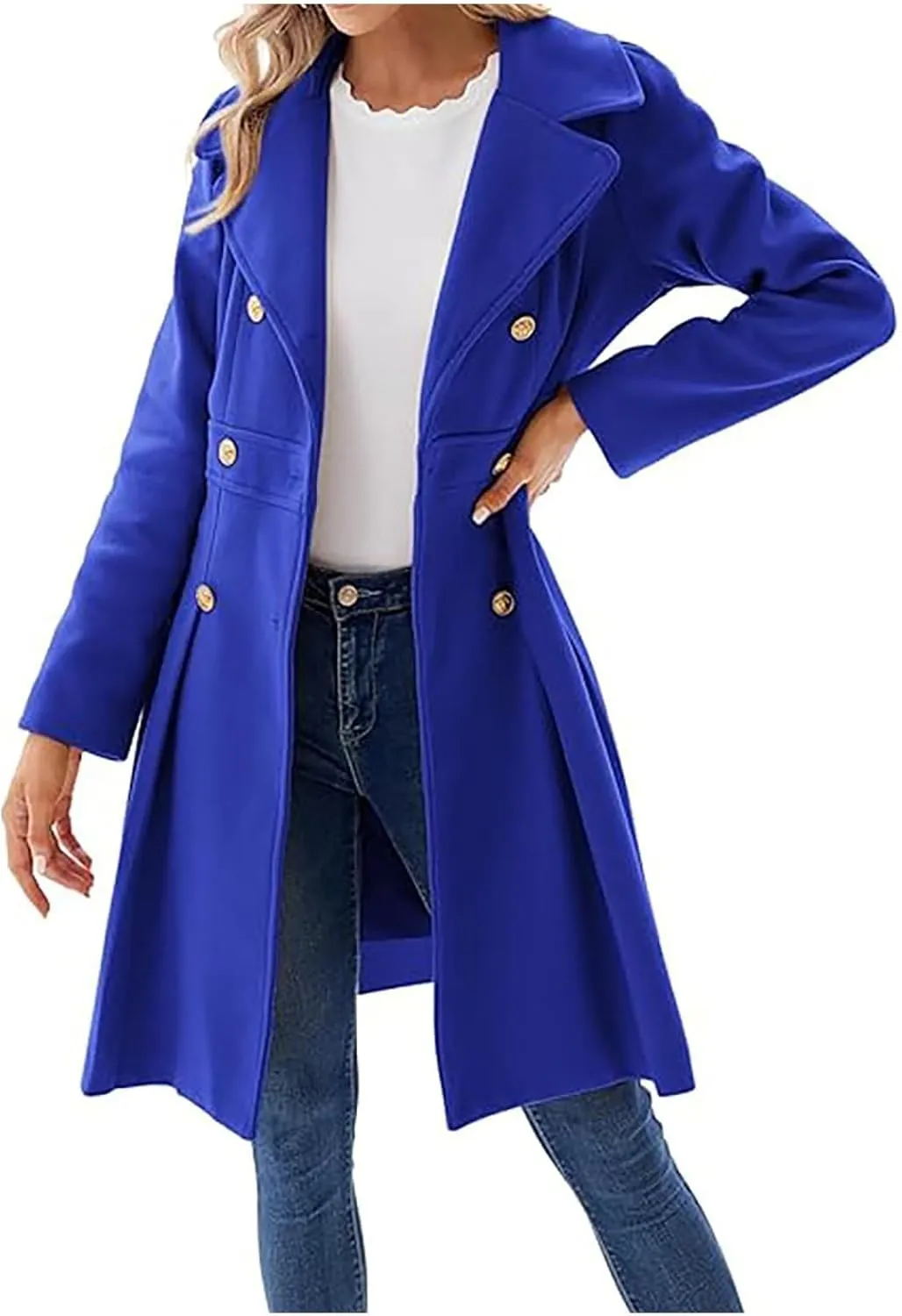 Women's Double Breasted Trench Coat Wool Blend Notch Lapel Pea Coat Elegant Long Jacket Overcoat