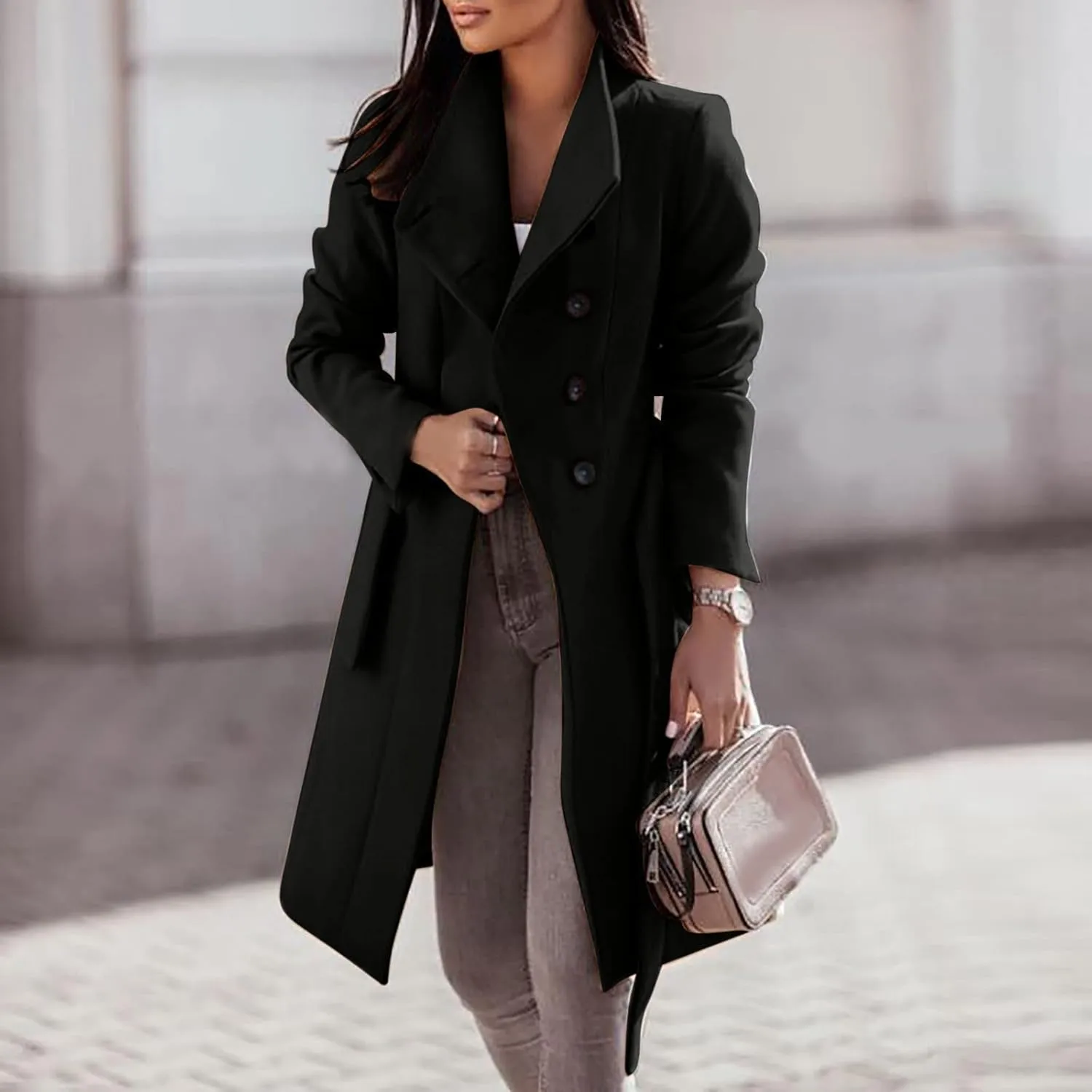 Women's Elegant Lapel Collar Double Breasted Jacket Winter Casual Wool Blend Overcoat Belted Trench Coat