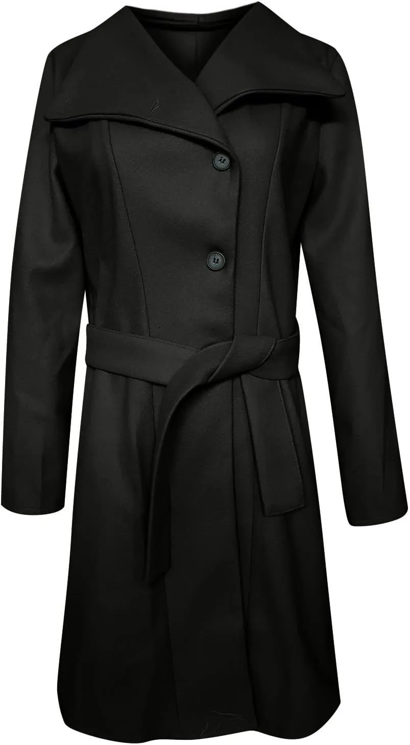 Women's Elegant Lapel Collar Double Breasted Jacket Winter Casual Wool Blend Overcoat Belted Trench Coat