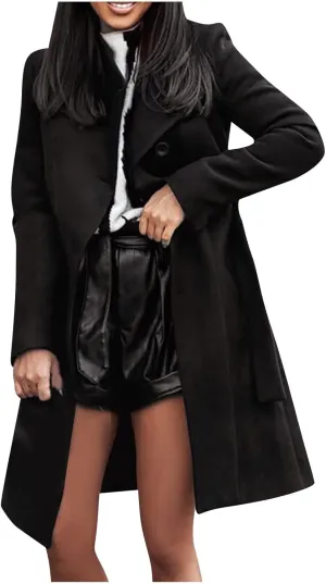 Women's Elegant Lapel Collar Double Breasted Jacket Winter Casual Wool Blend Overcoat Belted Trench Coat