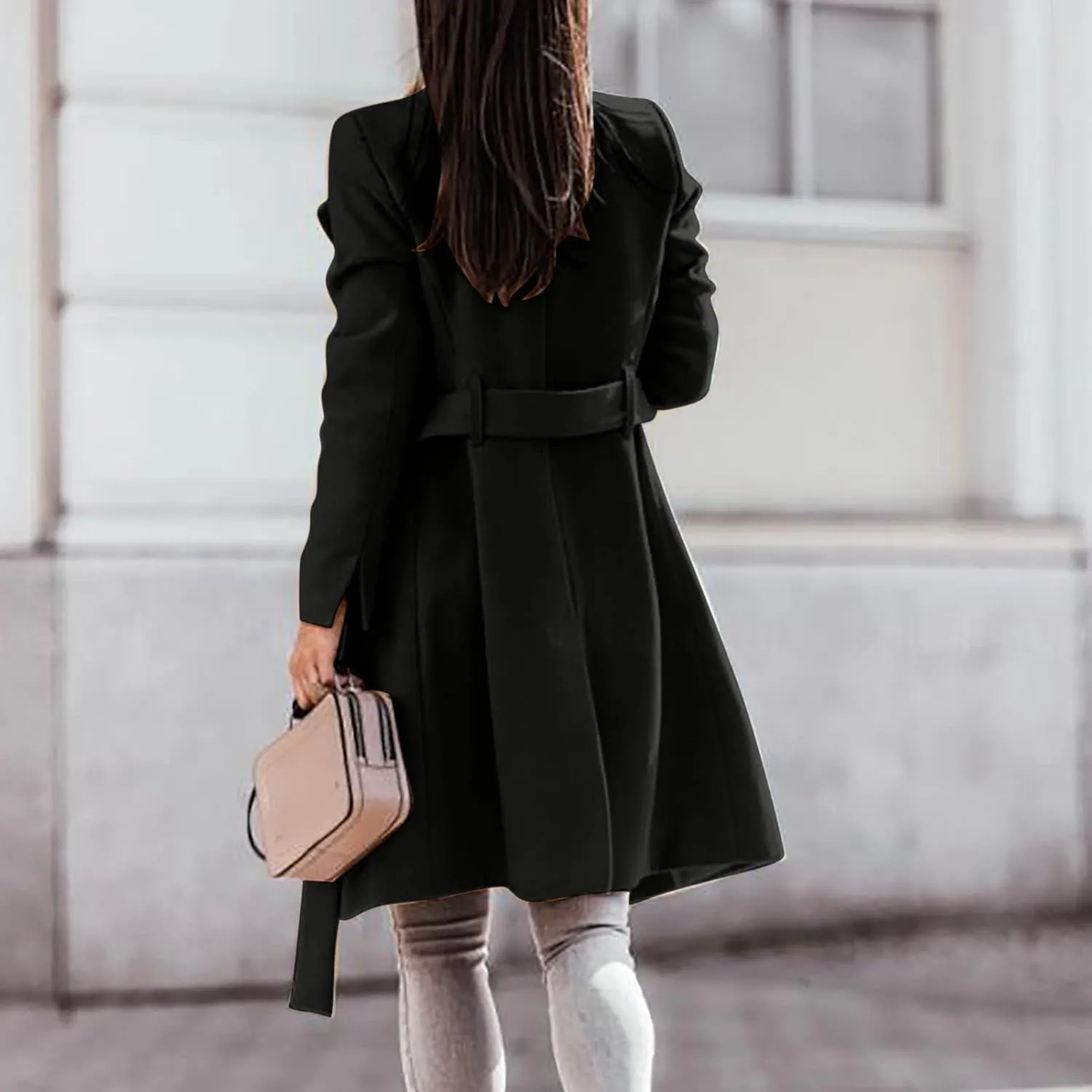 Women's Elegant Lapel Collar Double Breasted Jacket Winter Casual Wool Blend Overcoat Belted Trench Coat