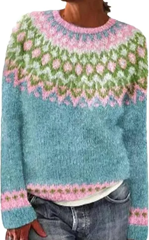 Women's Fair Isle Long Sleeve Crew Neck Knit Sweaters Vintage Chunky Stripedd Sweater Pullover Top for Fall Winter
