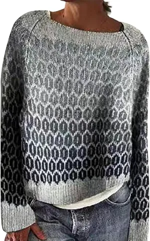 Women's Fair Isle Long Sleeve Crew Neck Knit Sweaters Vintage Chunky Stripedd Sweater Pullover Top for Fall Winter
