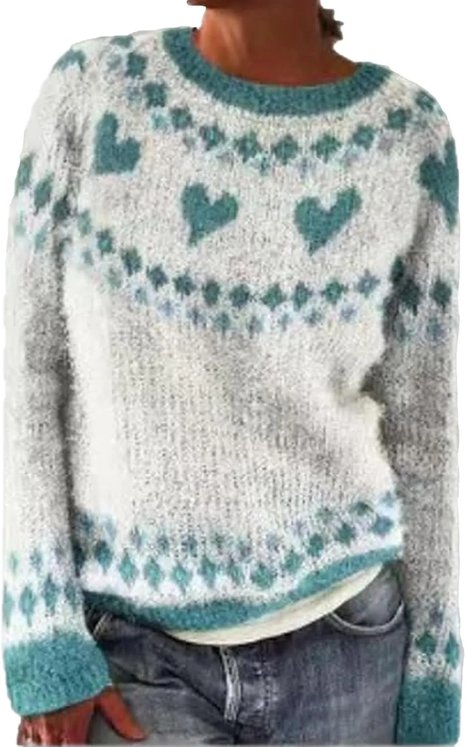 Women's Fair Isle Long Sleeve Crew Neck Knit Sweaters Vintage Chunky Stripedd Sweater Pullover Top for Fall Winter