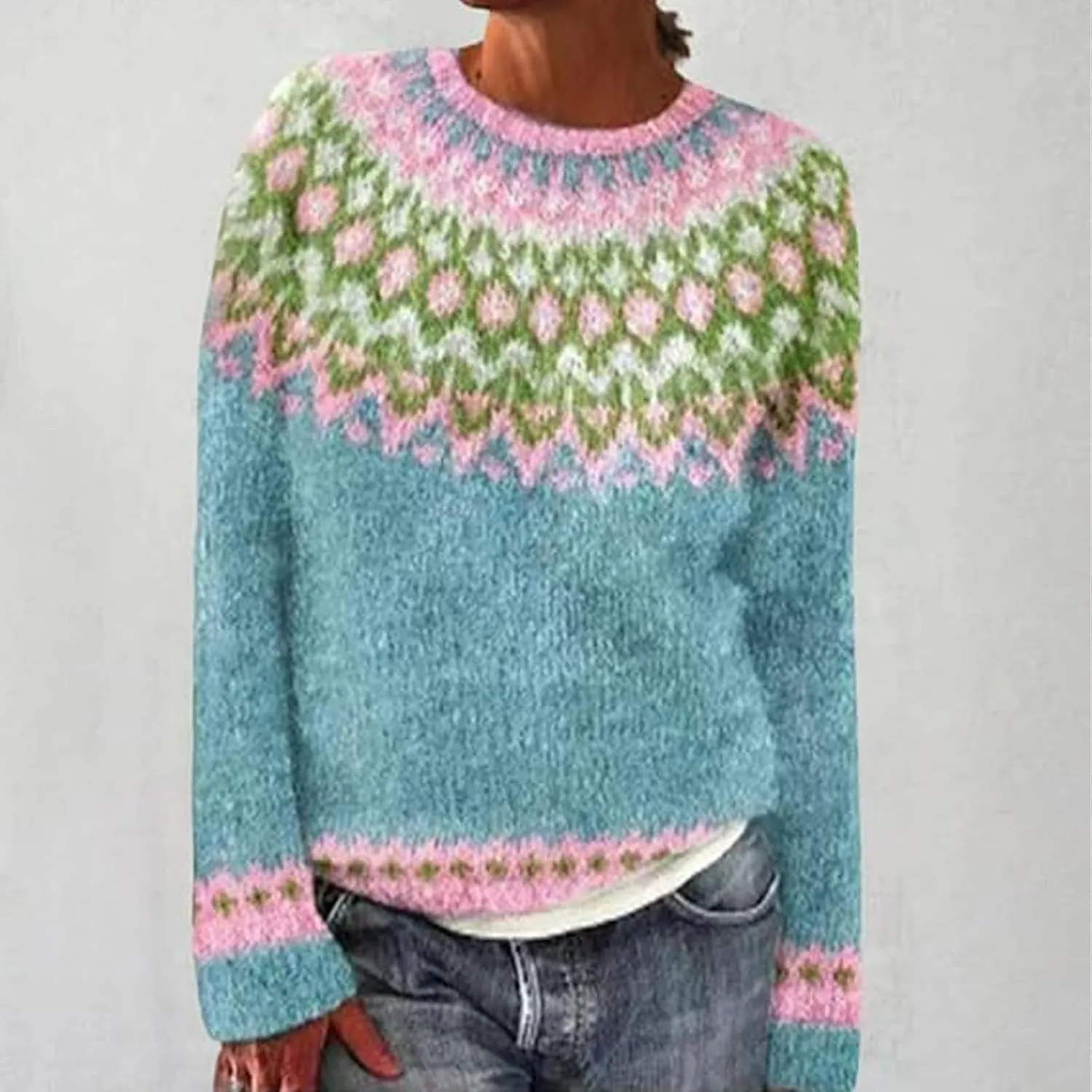 Women's Fair Isle Long Sleeve Crew Neck Knit Sweaters Vintage Chunky Stripedd Sweater Pullover Top for Fall Winter