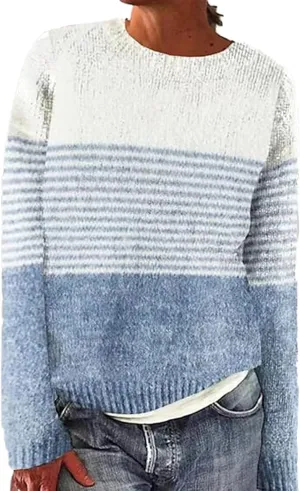 Women's Fair Isle Long Sleeve Crew Neck Knit Sweaters Vintage Chunky Stripedd Sweater Pullover Top for Fall Winter