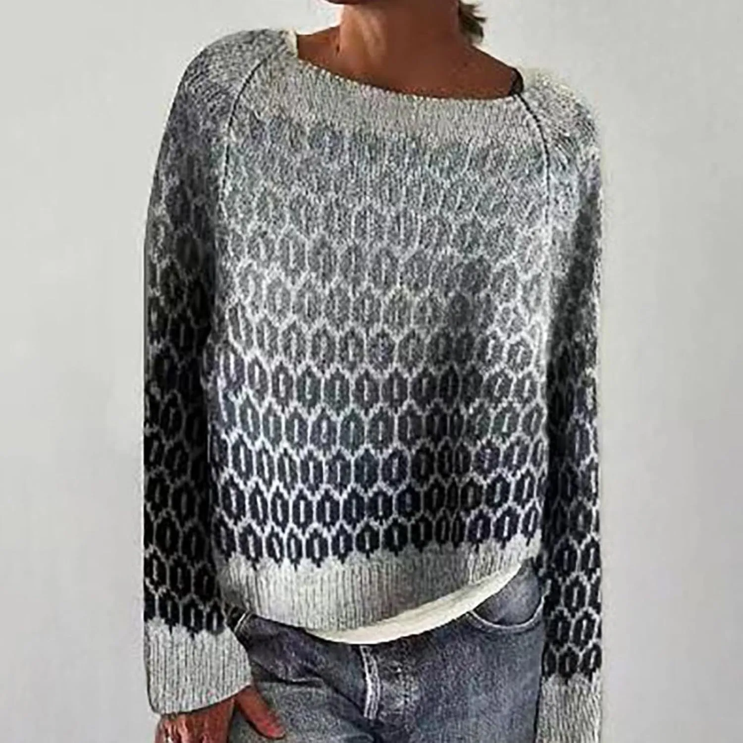 Women's Fair Isle Long Sleeve Crew Neck Knit Sweaters Vintage Chunky Stripedd Sweater Pullover Top for Fall Winter