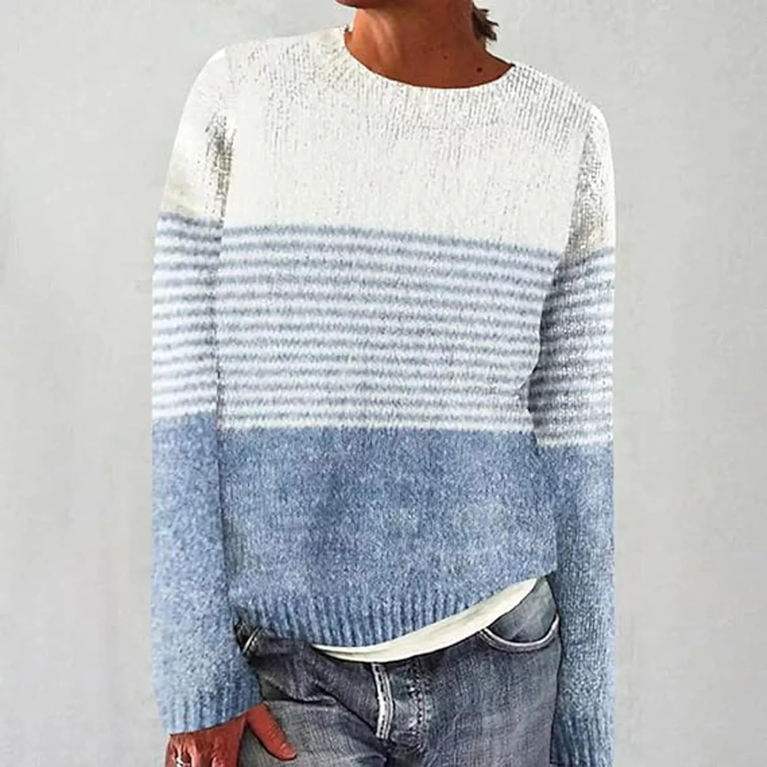 Women's Fair Isle Long Sleeve Crew Neck Knit Sweaters Vintage Chunky Stripedd Sweater Pullover Top for Fall Winter