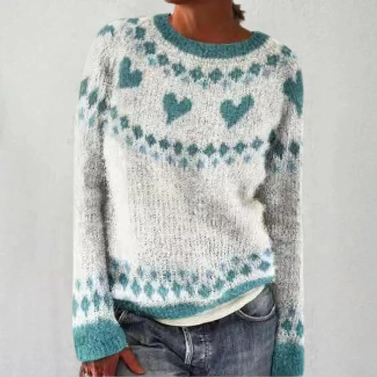 Women's Fair Isle Long Sleeve Crew Neck Knit Sweaters Vintage Chunky Stripedd Sweater Pullover Top for Fall Winter