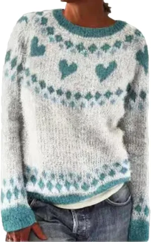 Women's Fair Isle Long Sleeve Crew Neck Knit Sweaters Vintage Chunky Stripedd Sweater Pullover Top for Fall Winter