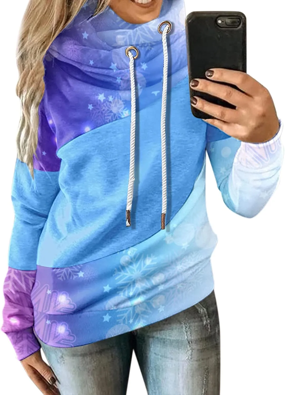 Womens Fall Winter Warm Hooded Sweatshirt Long Sleeve Pullover Tops Hoodies Color Block Drawstring Pullover Sweatshirt