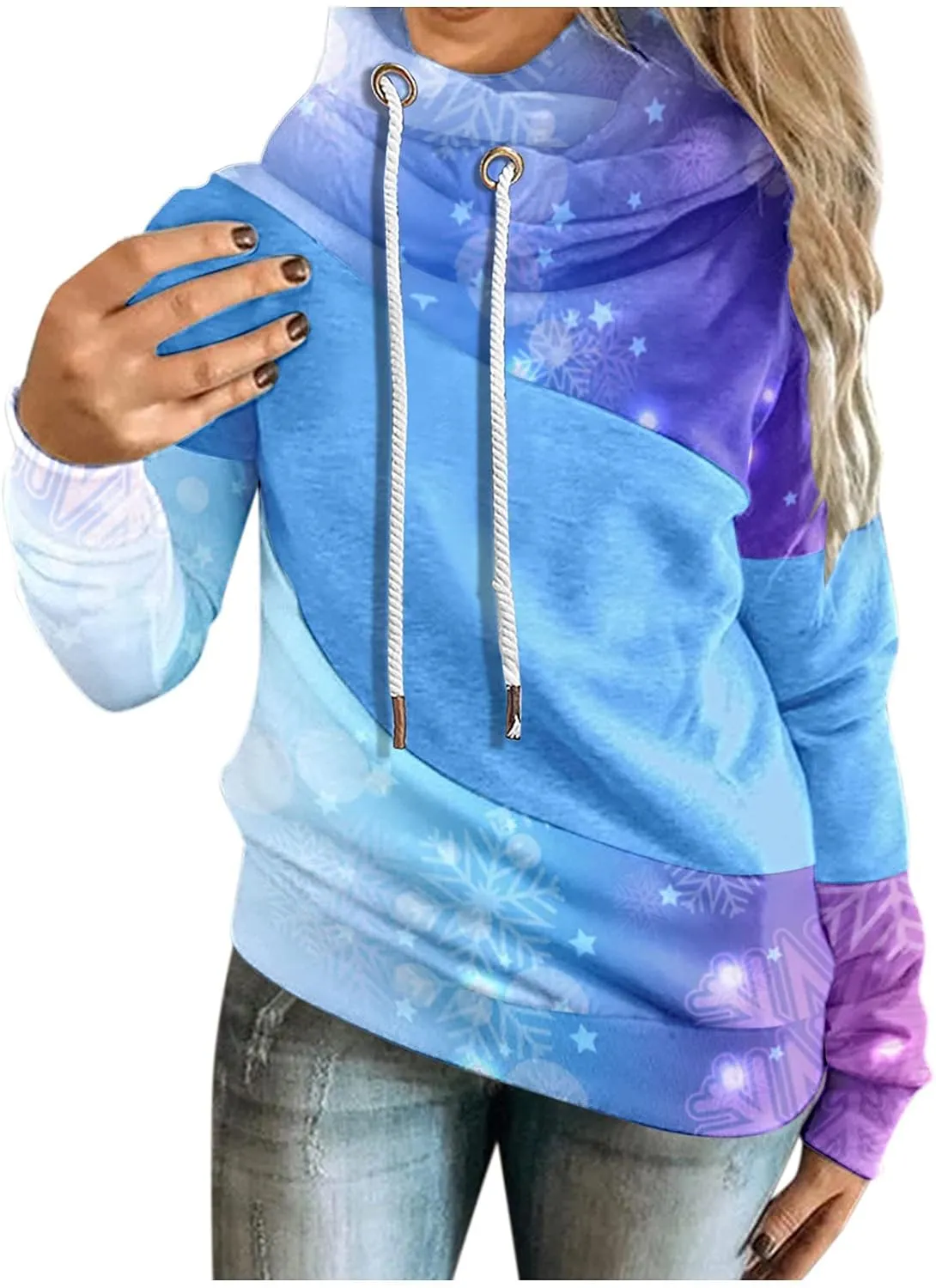 Womens Fall Winter Warm Hooded Sweatshirt Long Sleeve Pullover Tops Hoodies Color Block Drawstring Pullover Sweatshirt