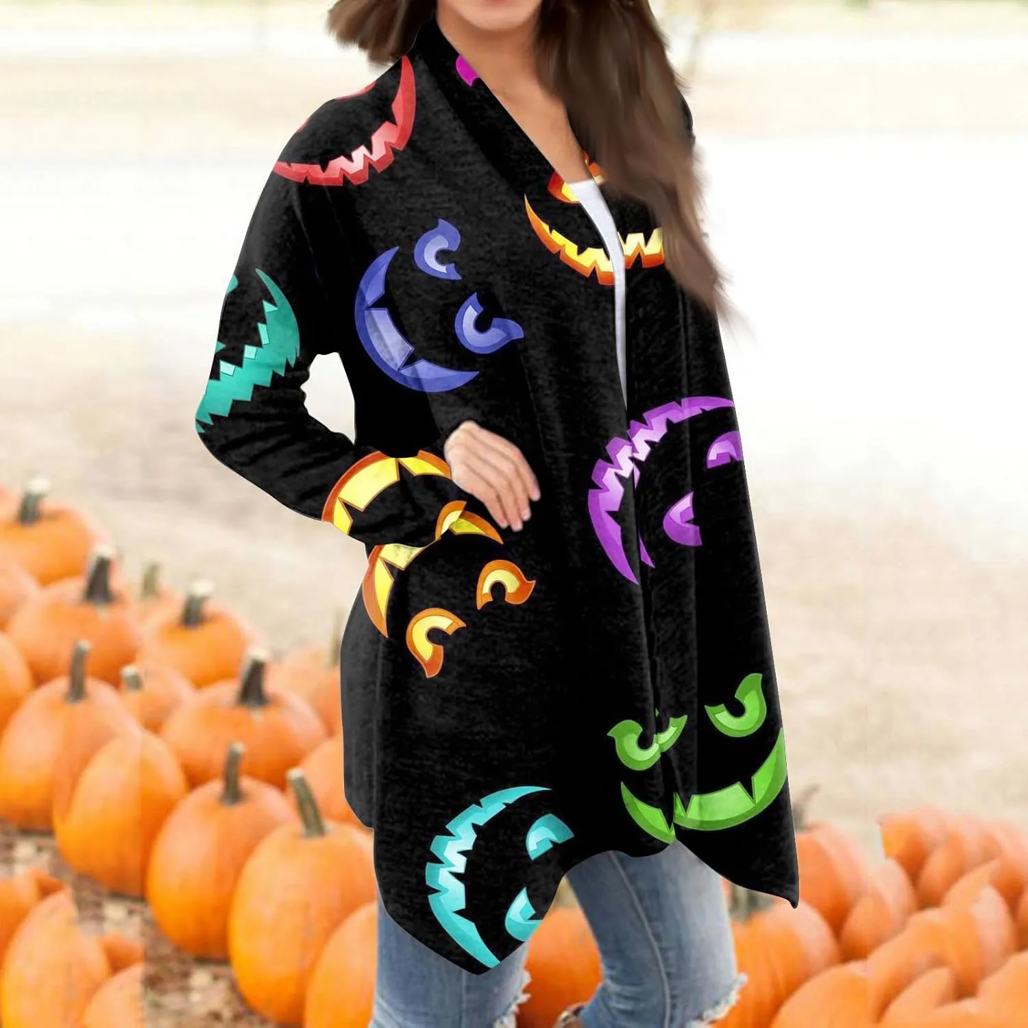 Womens Fashion Halloween Long Sleeve Cardigan Fall Open Front Cardigan Pumpkin Print Medium Length Coat