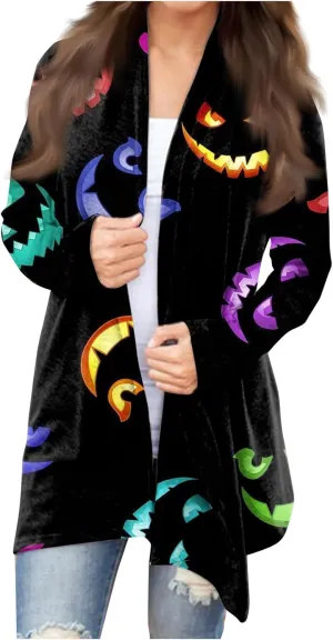 Womens Fashion Halloween Long Sleeve Cardigan Fall Open Front Cardigan Pumpkin Print Medium Length Coat