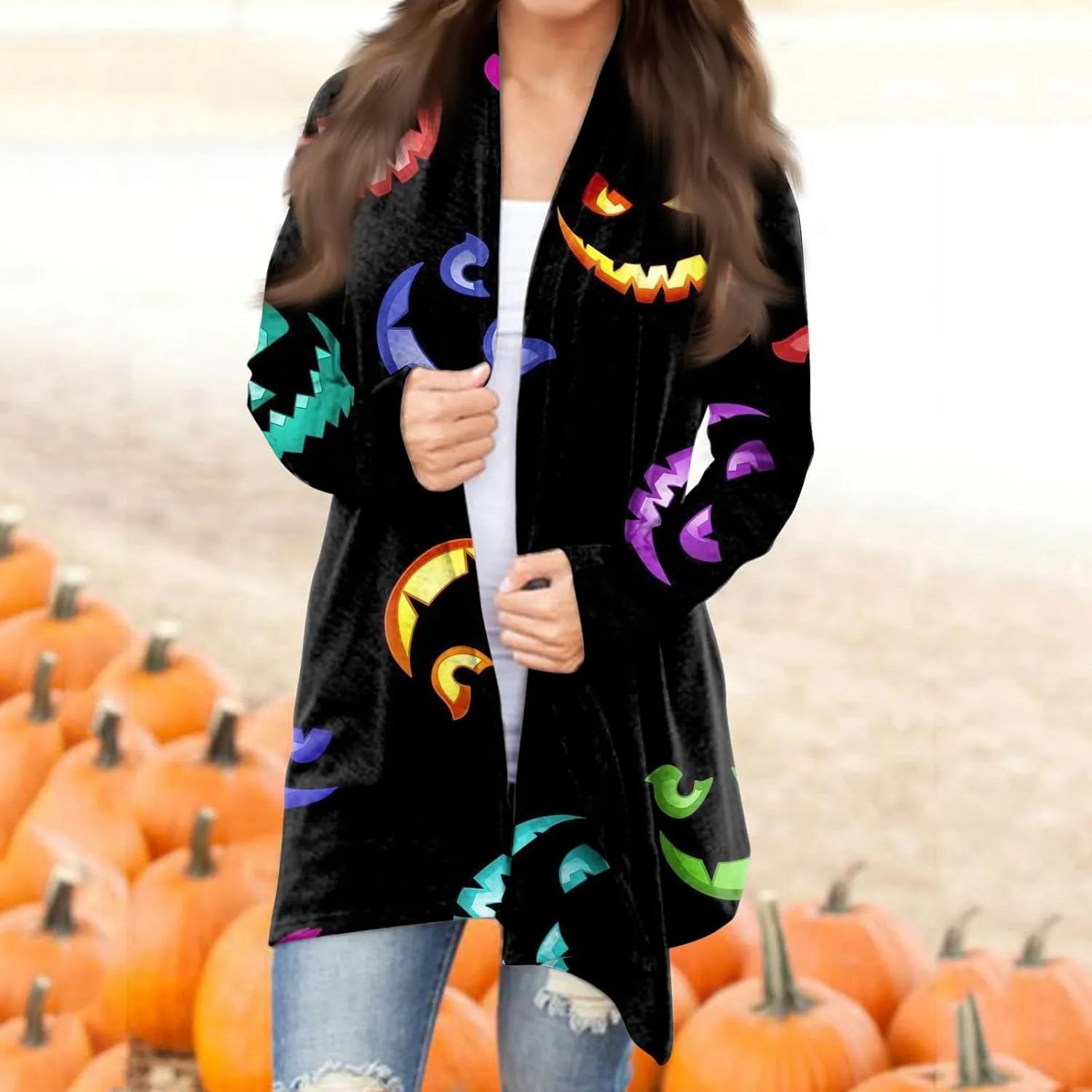 Womens Fashion Halloween Long Sleeve Cardigan Fall Open Front Cardigan Pumpkin Print Medium Length Coat