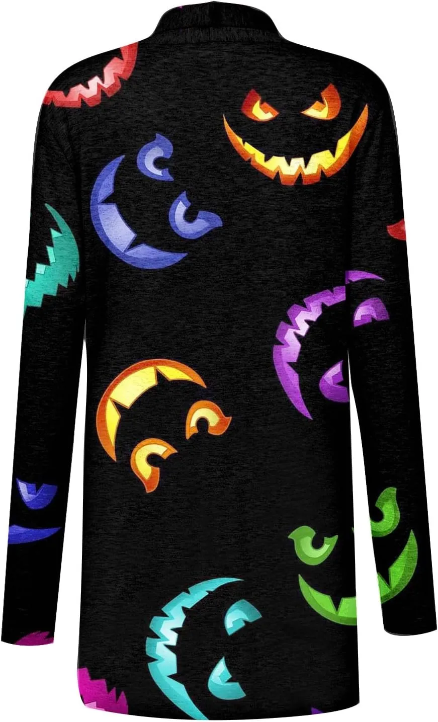 Womens Fashion Halloween Long Sleeve Cardigan Fall Open Front Cardigan Pumpkin Print Medium Length Coat