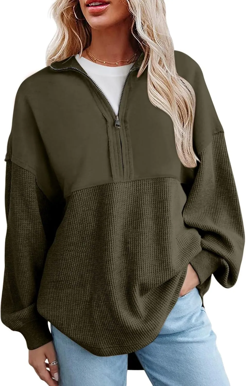 Women'S Fashion Sweatshirts Waffle Knit Sweatshirt Half Zip Cropped Pullover Spliced Fleece Quarter Zipper Sweatshirt