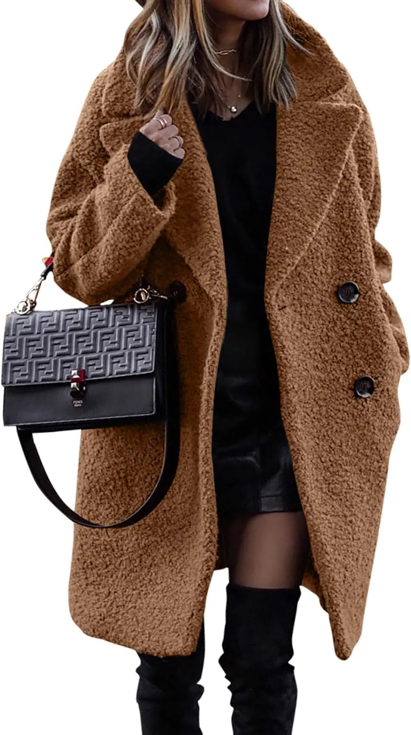 Womens Faux Fur Coat Winter Warm Fuzzy Fleece Long Jackets Oversized Lapel Button Open Front Cardigan Coats