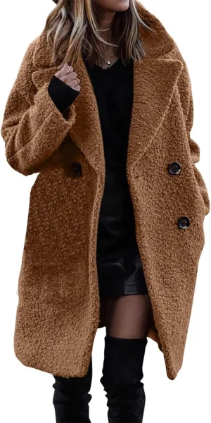 Womens Faux Fur Coat Winter Warm Fuzzy Fleece Long Jackets Oversized Lapel Button Open Front Cardigan Coats