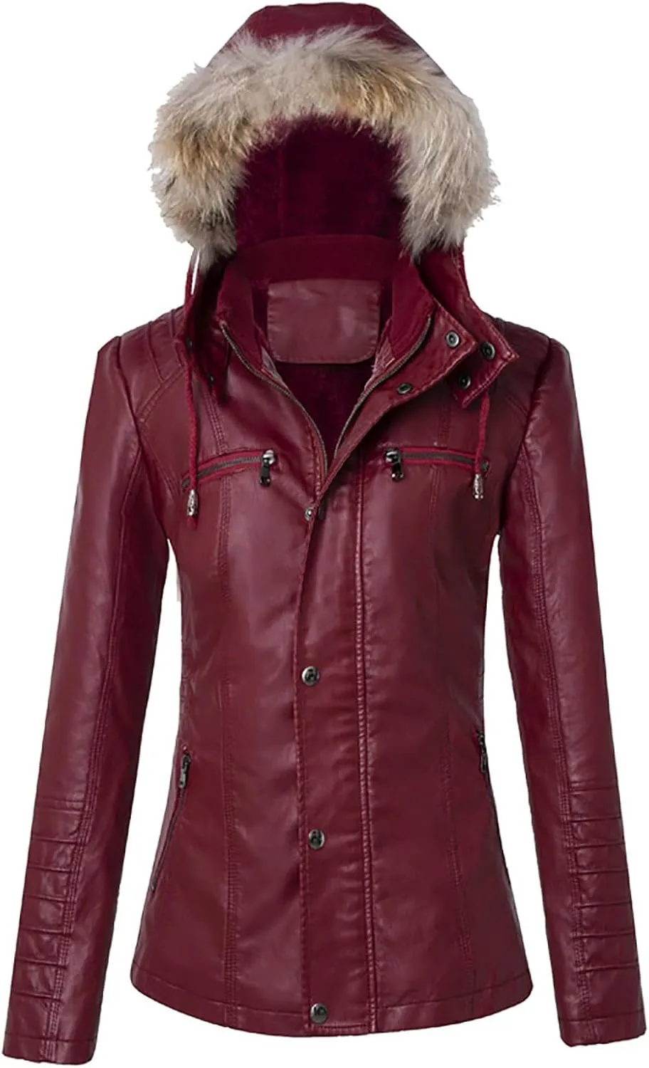 Womens Faux Leather Jacket with Removable Hooded Zip Up Moto Biker Jacket 2023 Fashion Fall Motorcycle Coats