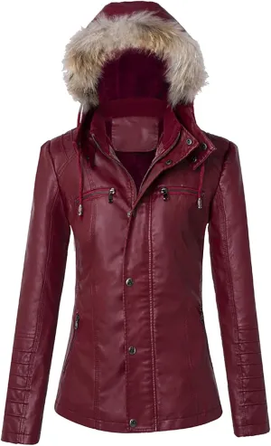 Womens Faux Leather Jacket with Removable Hooded Zip Up Moto Biker Jacket 2023 Fashion Fall Motorcycle Coats