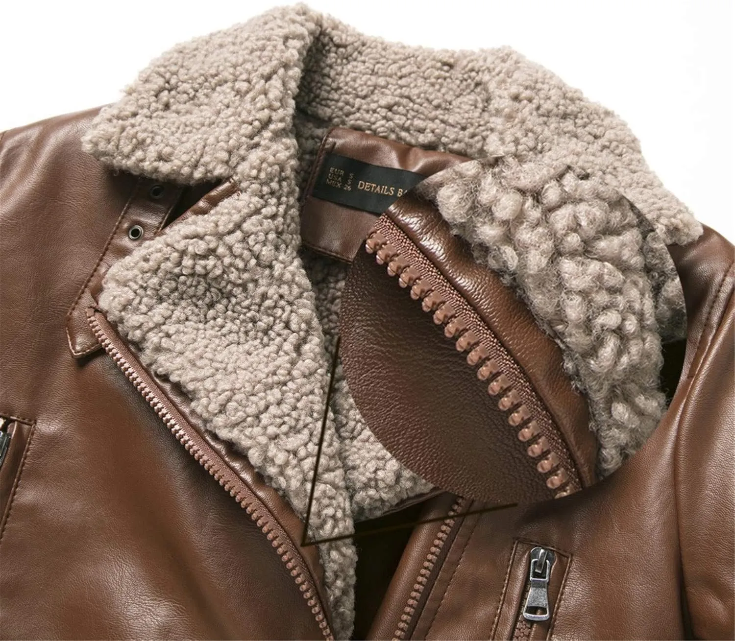 Women's Faux Leather Sherpa Lined Motorcycle Jacket Sheepskin Aviator Leather Jacket Zip Assymetrical Bomber Jackets