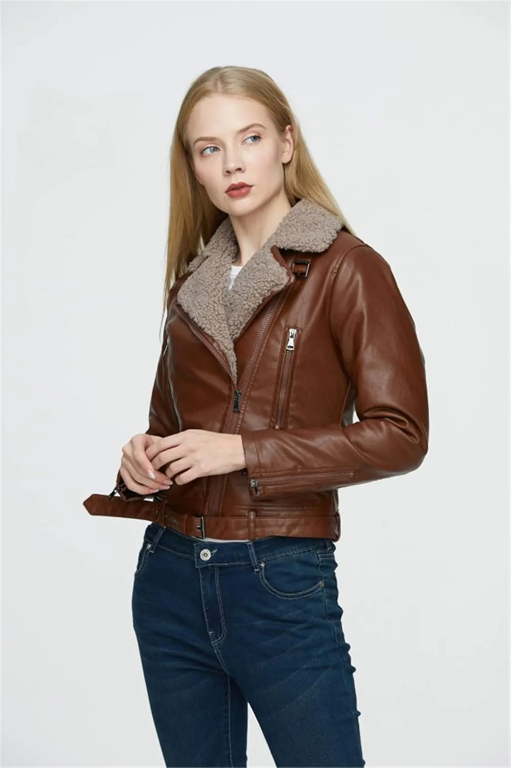 Women's Faux Leather Sherpa Lined Motorcycle Jacket Sheepskin Aviator Leather Jacket Zip Assymetrical Bomber Jackets