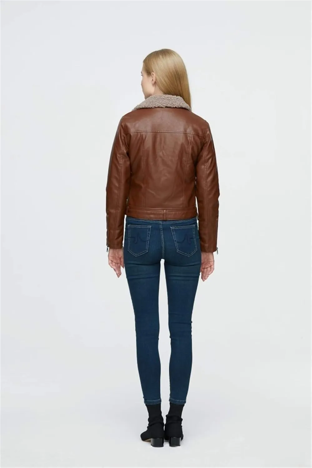Women's Faux Leather Sherpa Lined Motorcycle Jacket Sheepskin Aviator Leather Jacket Zip Assymetrical Bomber Jackets