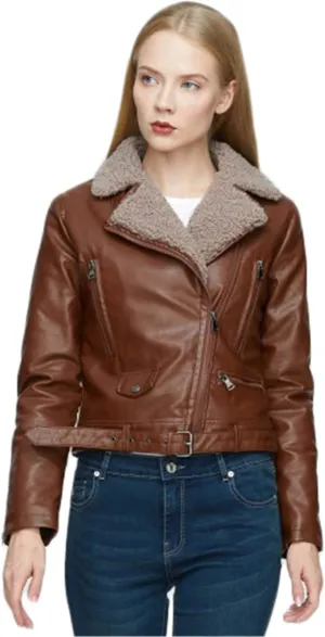 Women's Faux Leather Sherpa Lined Motorcycle Jacket Sheepskin Aviator Leather Jacket Zip Assymetrical Bomber Jackets