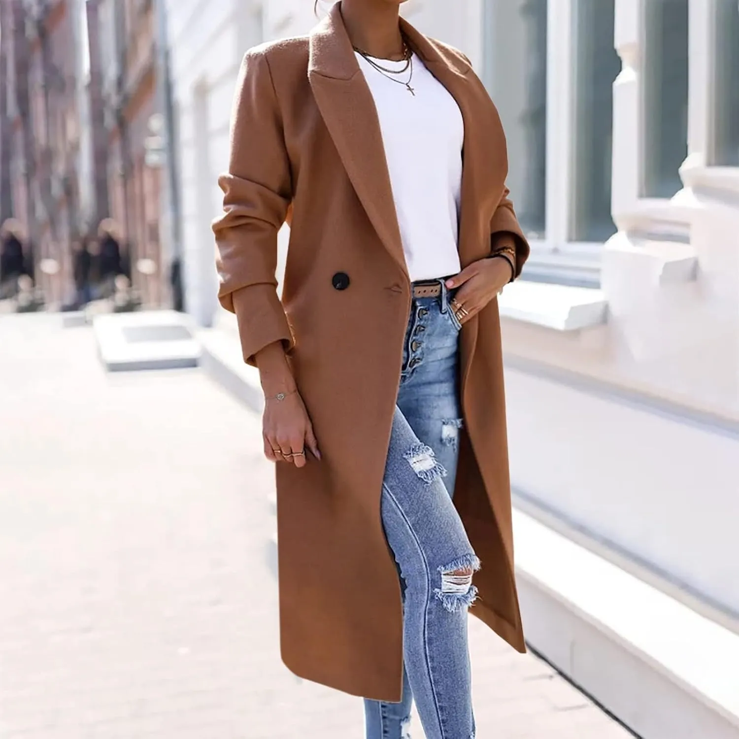 Women's Faux Wool Coat Blouse Thin Coat Trench Long Jacket Ladies Slim Long Belt Elegant Overcoat Long Formal Womens Coat