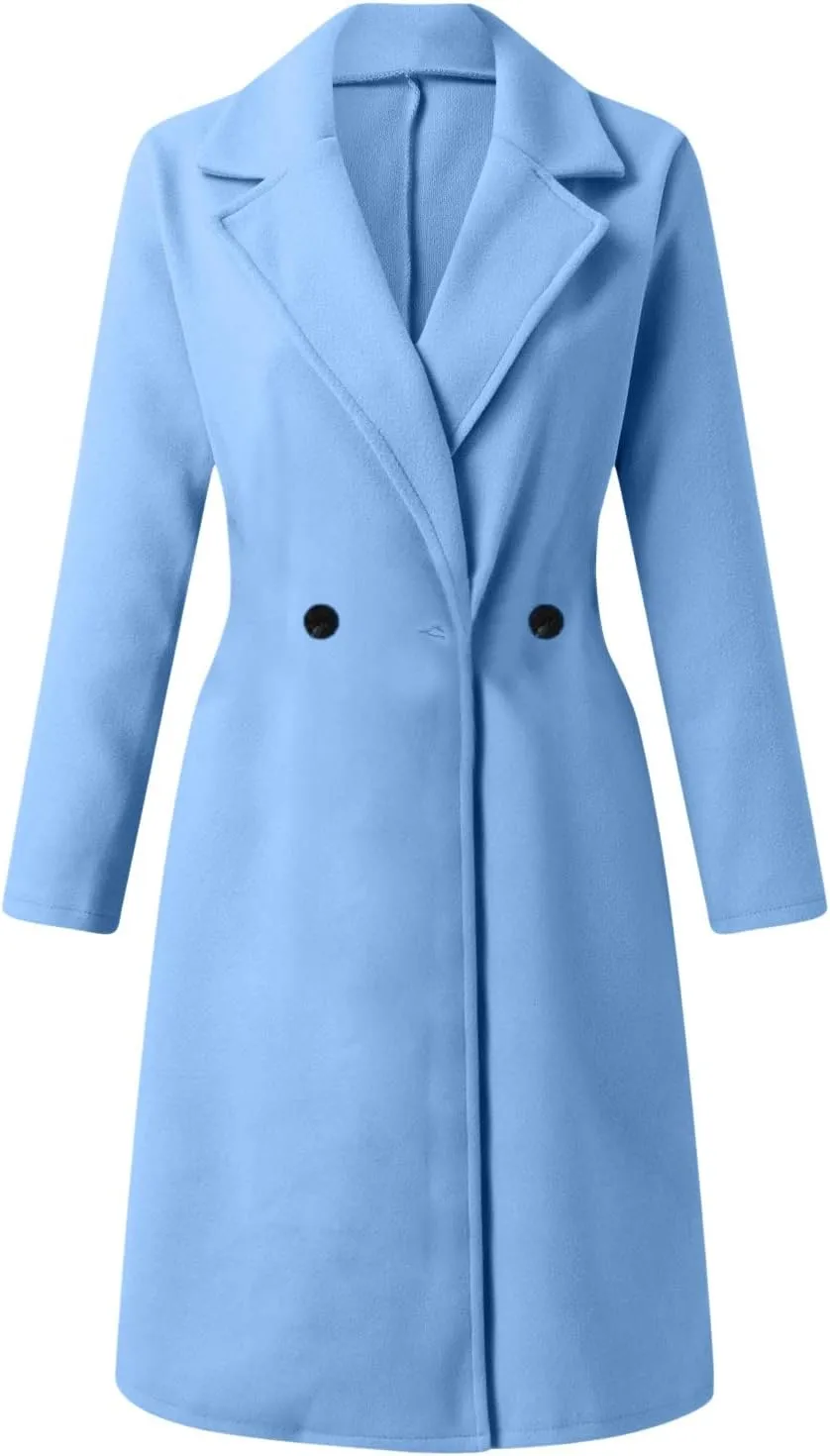 Women's Faux Wool Coat Blouse Thin Coat Trench Long Jacket Ladies Slim Long Belt Elegant Overcoat Long Formal Womens Coat