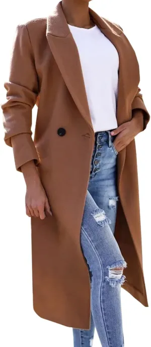 Women's Faux Wool Coat Blouse Thin Coat Trench Long Jacket Ladies Slim Long Belt Elegant Overcoat Long Formal Womens Coat