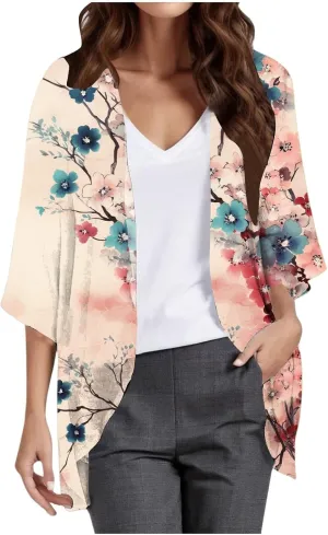 Womens Floral Chiffon Kimono Cardigans Casual Summer Lightweight Beach Cover Up 3/4 Sleeve Oversized Beach Vacation Tops