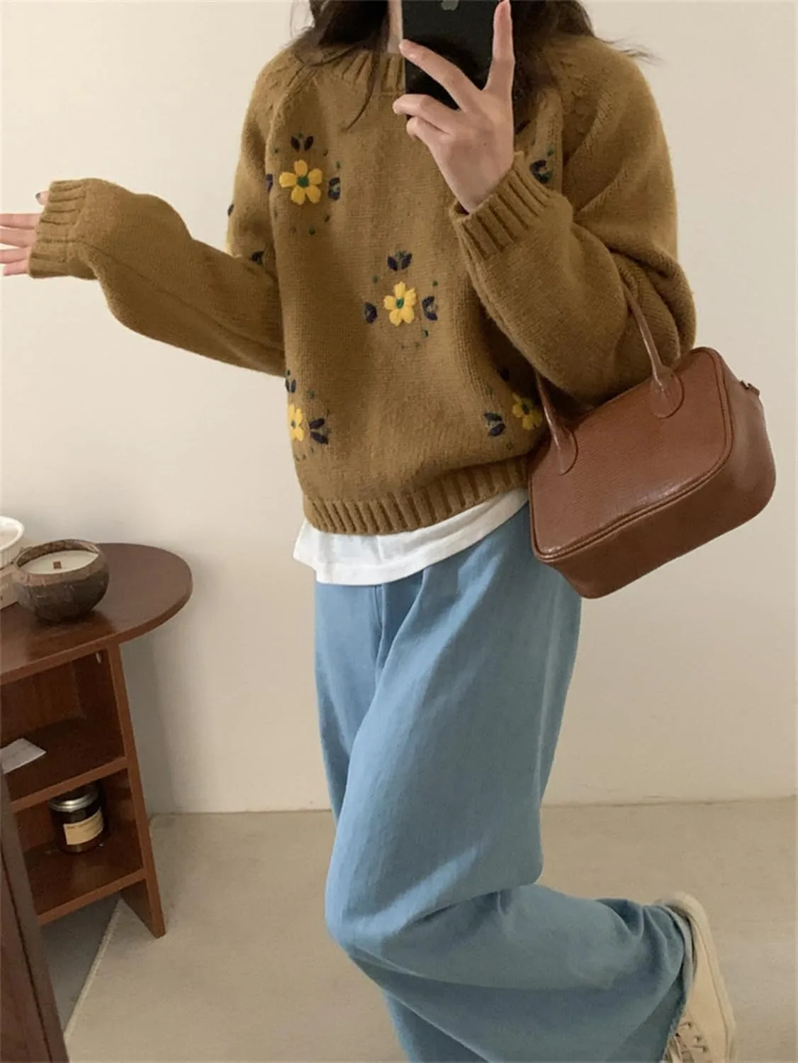 Womens Floral Embroidered Chunky Sweater Y2k Long Sleeve Crewneck Cute Knit Sweater Pullover Preppy Clothes