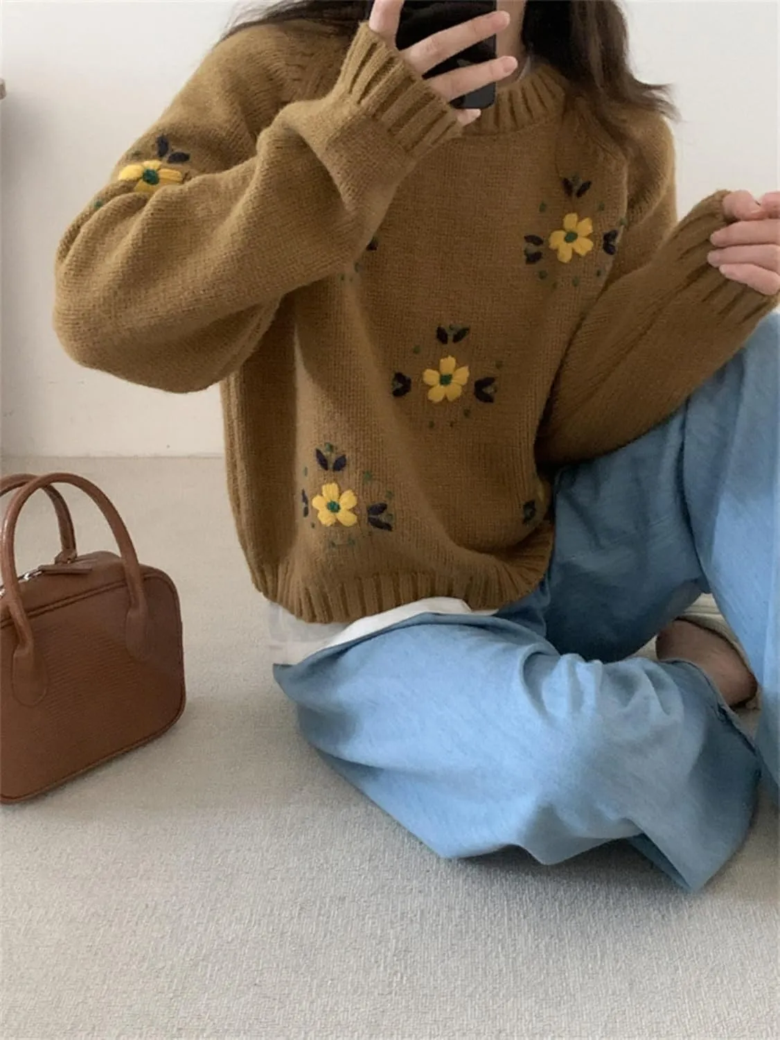 Womens Floral Embroidered Chunky Sweater Y2k Long Sleeve Crewneck Cute Knit Sweater Pullover Preppy Clothes