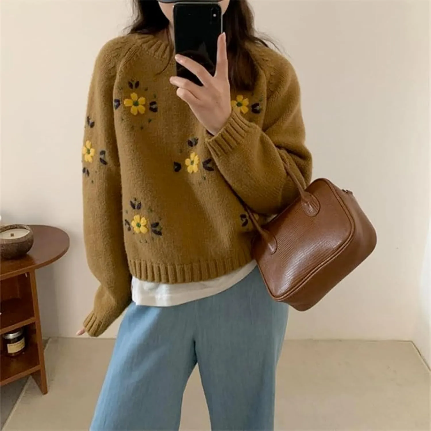 Womens Floral Embroidered Chunky Sweater Y2k Long Sleeve Crewneck Cute Knit Sweater Pullover Preppy Clothes