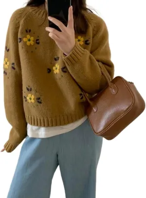 Womens Floral Embroidered Chunky Sweater Y2k Long Sleeve Crewneck Cute Knit Sweater Pullover Preppy Clothes
