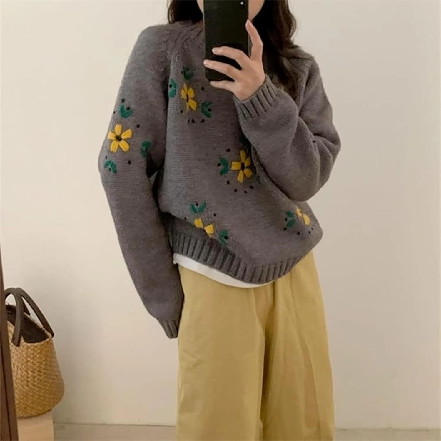 Womens Floral Embroidered Chunky Sweater Y2k Long Sleeve Crewneck Cute Knit Sweater Pullover Preppy Clothes