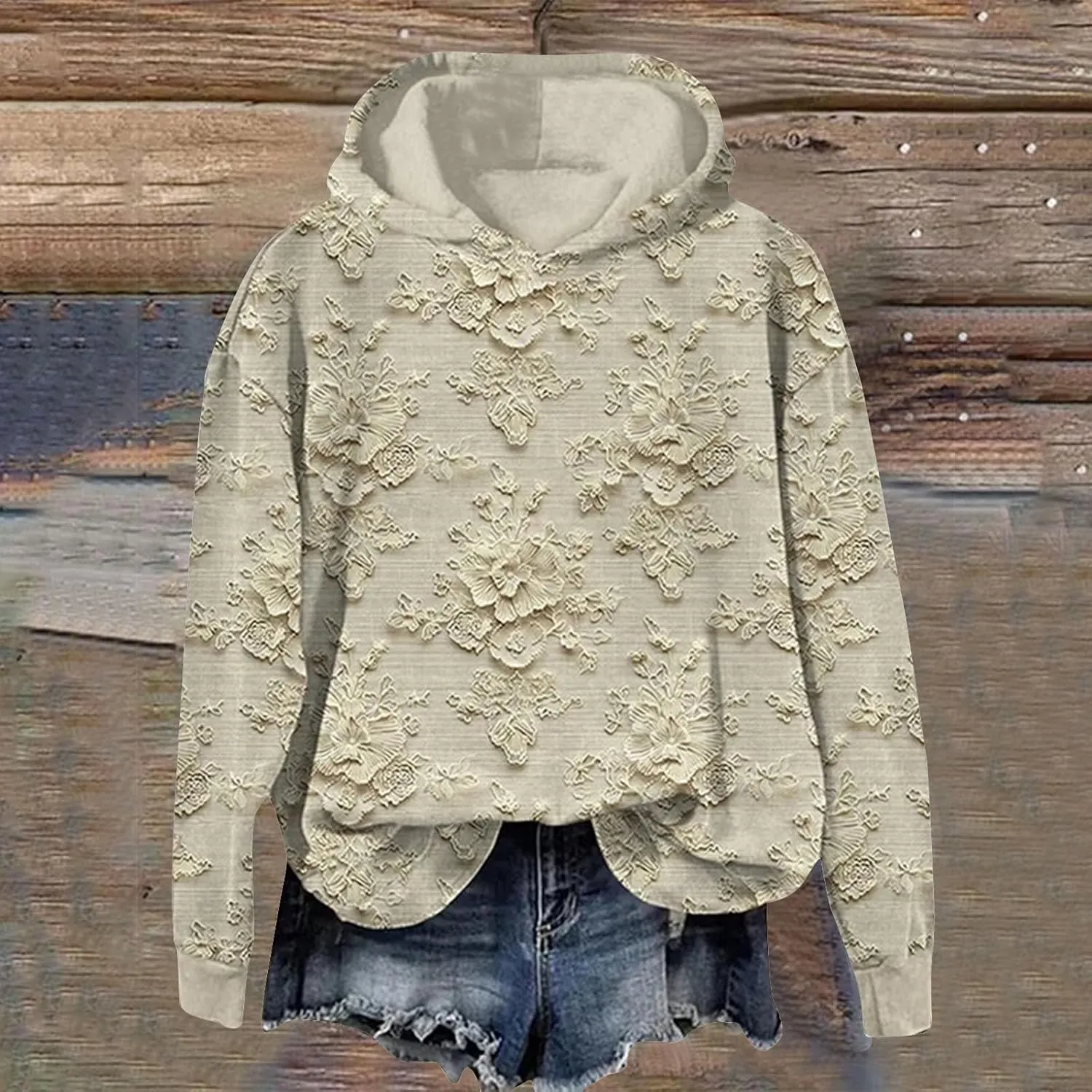 Womens Floral Lace Hoodie Elegant Pullover Sweatshirt Soft Fleece Oversized Lounge Fall Winter Athleisure Streetwear