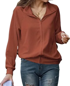 Womens Full Zip Up Jacket Casual Loose Knit Long Sleeve Sweatshirt Jackets Winter Lightweight Lapel Coat Outwear