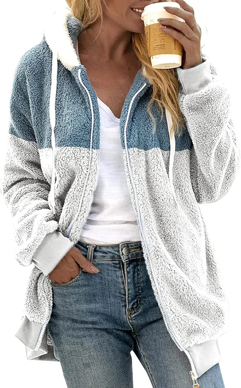 Womens Fuzzy Fleece Jacket Winter Warm Hooded Color Block Patchwork Coats Full Zip Sherpa Outerwear with Pockets