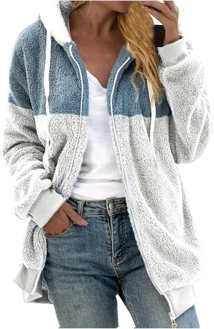 Womens Fuzzy Fleece Jacket Winter Warm Hooded Color Block Patchwork Coats Full Zip Sherpa Outerwear with Pockets
