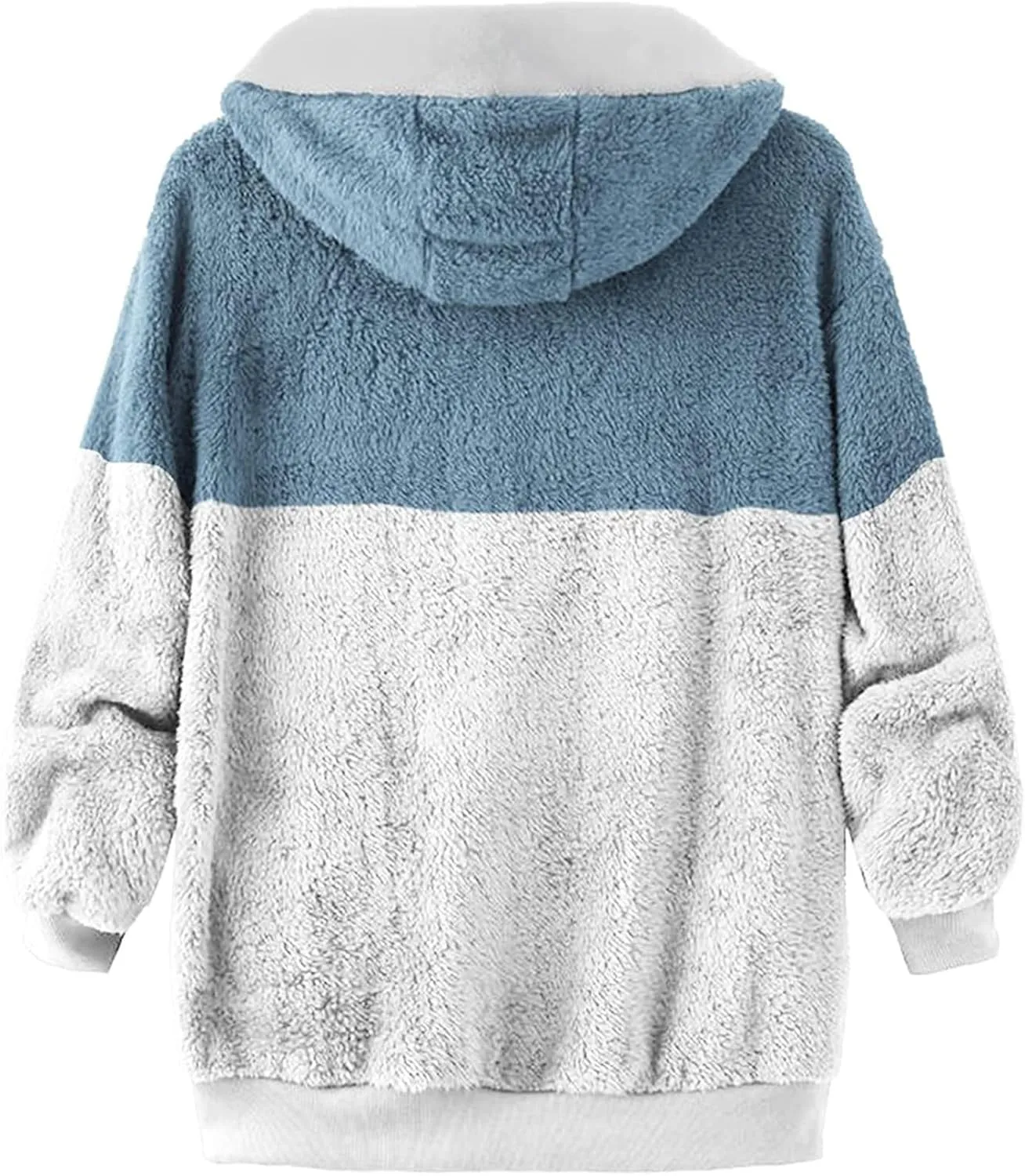 Womens Fuzzy Fleece Jacket Winter Warm Hooded Color Block Patchwork Coats Full Zip Sherpa Outerwear with Pockets
