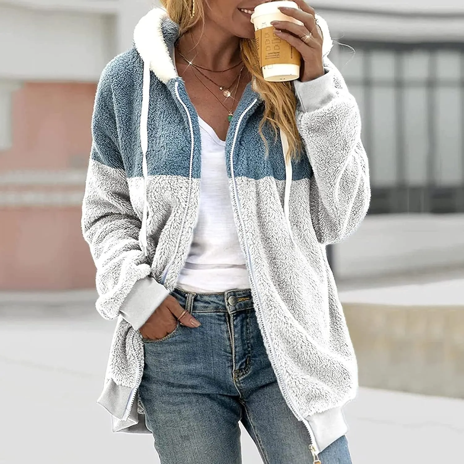 Womens Fuzzy Fleece Jacket Winter Warm Hooded Color Block Patchwork Coats Full Zip Sherpa Outerwear with Pockets