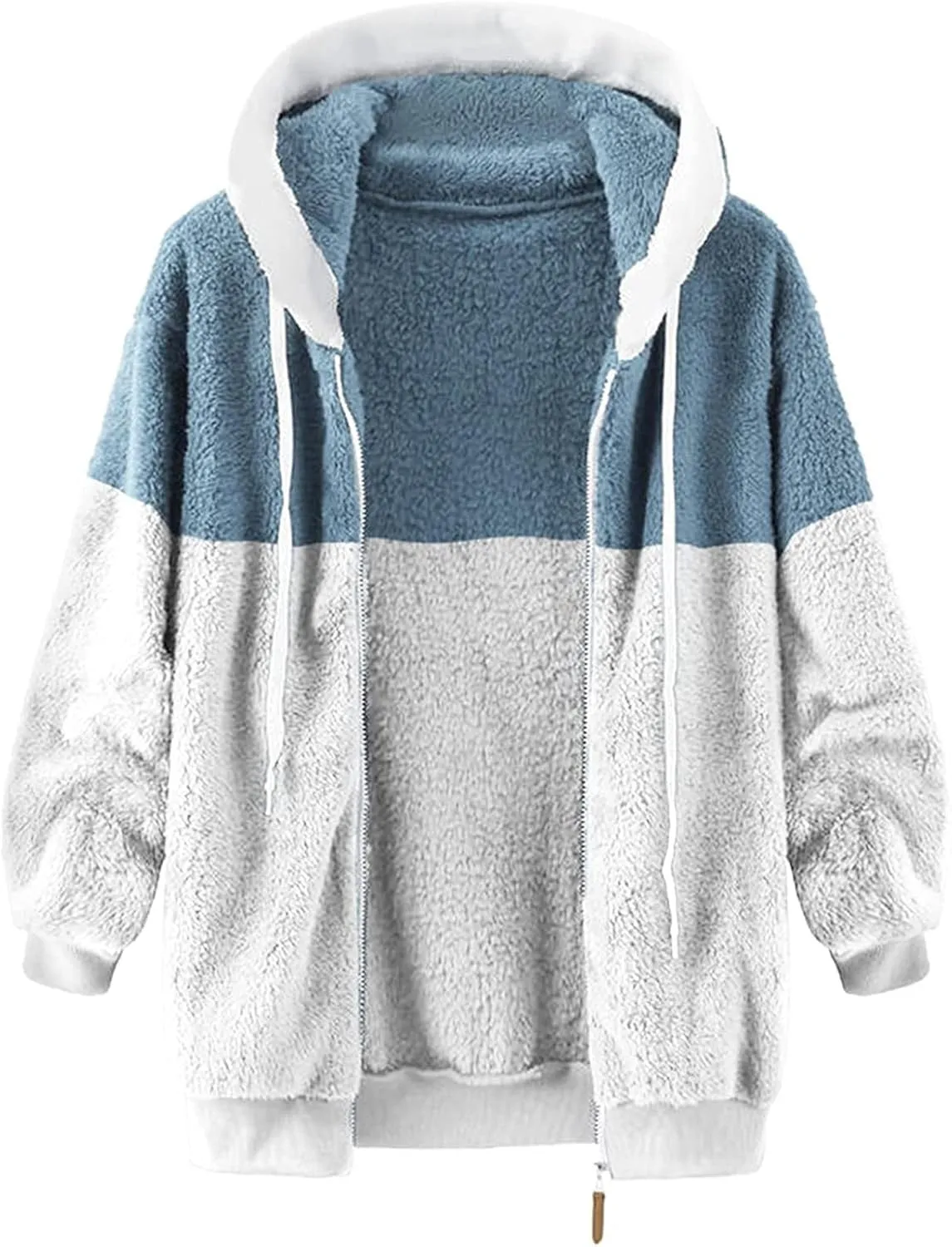 Womens Fuzzy Fleece Jacket Winter Warm Hooded Color Block Patchwork Coats Full Zip Sherpa Outerwear with Pockets