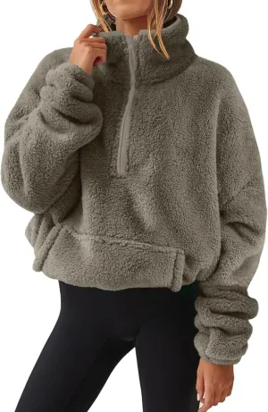 Womens Half Zip Pullover Cropped Sherpa Fuzzy Fleece Sweatshirt Stand Collar Loose Fall Outfits Warm Winter Clothes