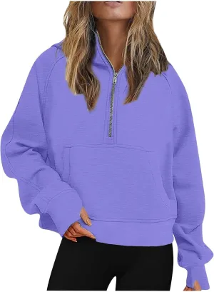 Womens Half Zip Sweatshirts 2024 Fleece Hooded Pullover Sweatshirts Thumb Hole Cropped Long Sleeve Tops with Pockets